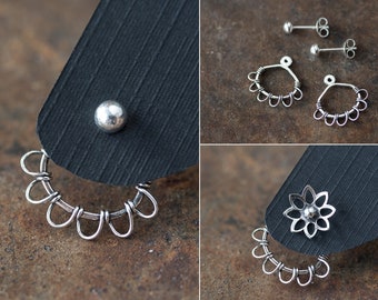 Silver wire wrapped ear jacket earrings, front and back earring, unique artisan earring enhancers, interchangeable stud earrings