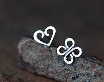 Love and Luck - Tiny Stud Earrings, solid sterling silver, mismatched heart and four leaf clover symbol, romantic gift for her