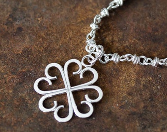 Dainty Four Leaf Clover Pendant, Small Handcrafted Lucky Shamrock, Sterling silver, Good Luck Charm, Artisan Handmade