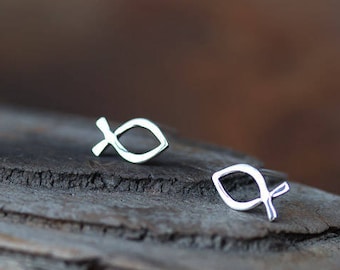 Teeny Tiny Fish Earrings, Minimalist Stud Earrings, Simple Wire Outline Ichthus Symbol, Handcrafted Solid Sterling Silver Studs