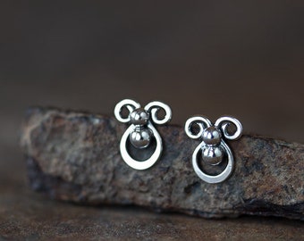 Tiny sterling silver stud earrings, Mini abstract earrings, Handcrafted artisan earrings, Cute unique stud earrings, Ladybug earrings