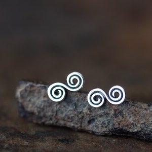 Small Celtic Double Spiral Earrings, simple stud earrings for man or woman, solid sterling silver metal studs