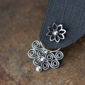 Unique Statement Earring SET, plus grande veste d’oreille en argent sterling fabriquée à la main avec fleur de lotus, boucle d’oreille avant arrière, cadeau pour elle