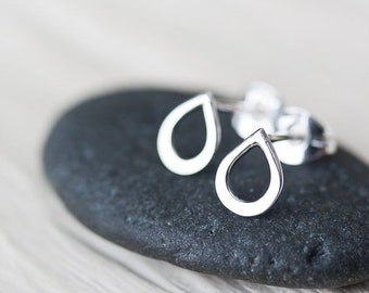 Tiny Teardrop Stud Earrings, contemporary sterling silver raindrop earrings, mini droplet outline, simple modern studs