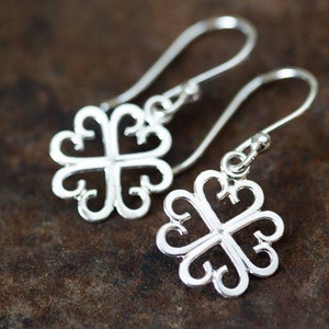 Small Lucky Shamrock Earrings, short lightweight earrings for everyday, solid sterling silver, four leaf clover, good luck gift for her