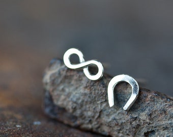 Infinite Luck - Tiny Stud Earrings, solid sterling silver, horseshoe and infinity symbol, Unisex good luck gift for man, woman