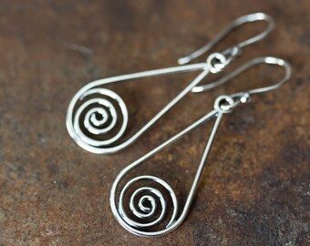 Silver Drop Earrings, 925 sterling silver earrings, metal Celtic spirals in teardrop dangle, Celtic earrings, simple everyday earrings
