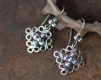 Unique Hand Fabricated Sterling Silver Earrings, Ornamental Domed Square Earrings, Short Lightweight Dangle Earrings, Solid Silver