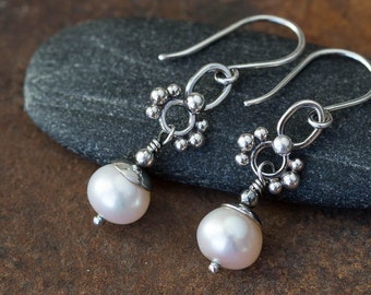 Unique Petite White Pearl Earrings, Lightweight Short Dangle, Natural freshwater pearl earrings, solid sterling silver, artisan jewelry