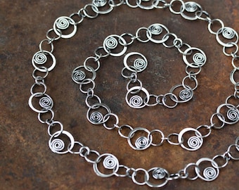 Unique Silver Links Chain Necklace, solid sterling silver necklace chain, Hammered spirals in circles, Artisan metalsmith jewelry, Statement