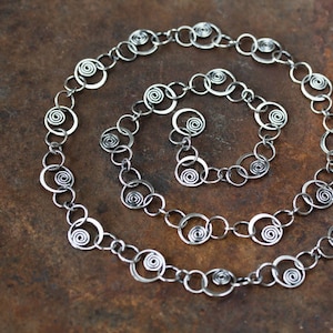 Unique Silver Links Chain Necklace, solid sterling silver necklace chain, Hammered spirals in circles, Artisan metalsmith jewelry, Statement image 1