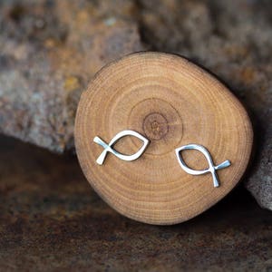 Small Sterling Silver Fish Stud Earrings, Minimalist Wire Outline Ichthus Symbol, Handcrafted Dainty Jewelry, Spiritual Gift Studs