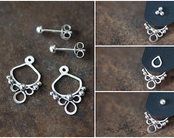 Handmade silver ear jacket earring enhancers, abstract front and back earring, mix and match interchangeable earring set