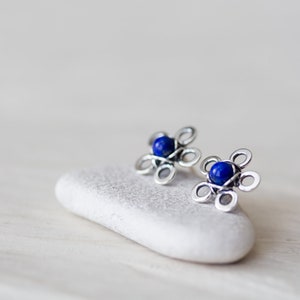 Natural Lapis Lazuli Stud Earrings, small silver flower earrings, tiny deep blue studs, mini stud earrings, artisan handcrafted jewelry image 7