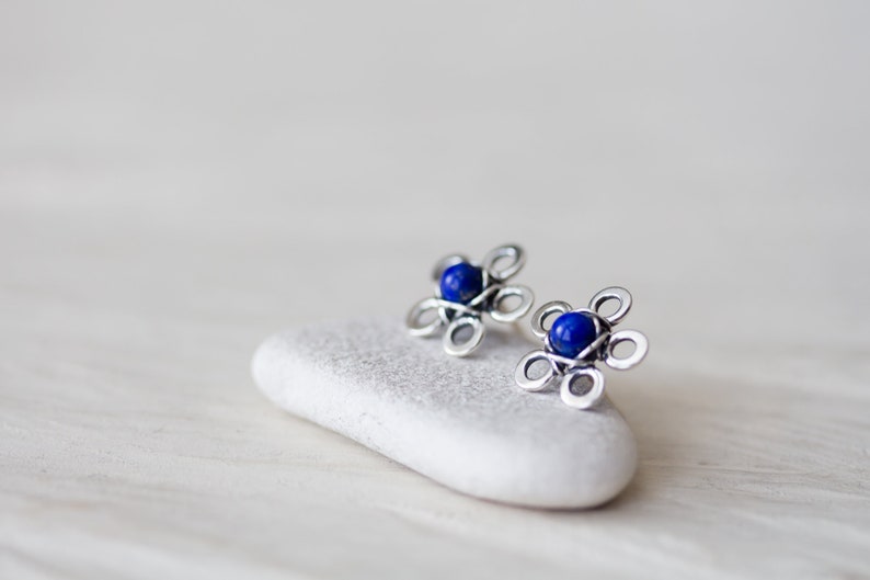 Natural Lapis Lazuli Stud Earrings, small silver flower earrings, tiny deep blue studs, mini stud earrings, artisan handcrafted jewelry image 7