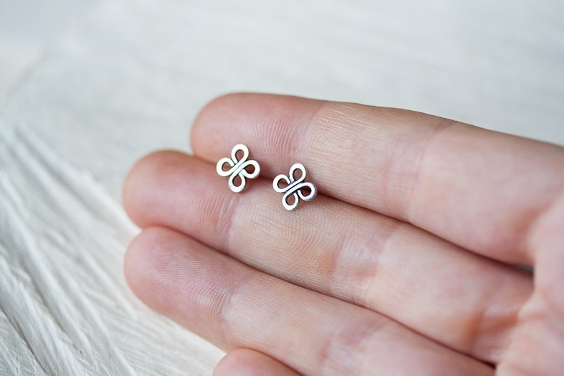 Tiny Celtic Knot Earrings, 7mm Handmade Sterling Silver Studs, four leaf clover, small everyday 925 silver earrings for man, woman image 3