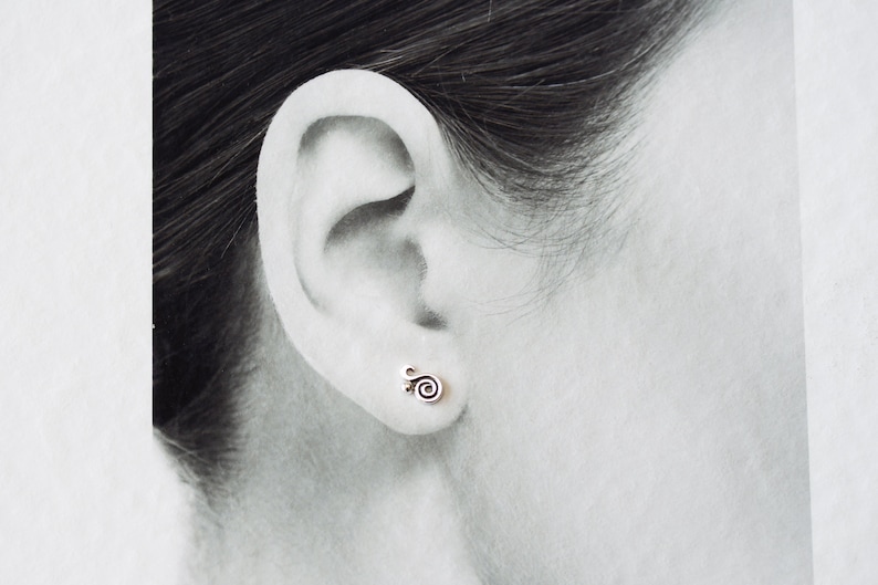 Dainty Spiral Paisley Stud Earrings, Miniature Swirl Ornament, elegant feminine sterling silver stud earrings for everyday image 3