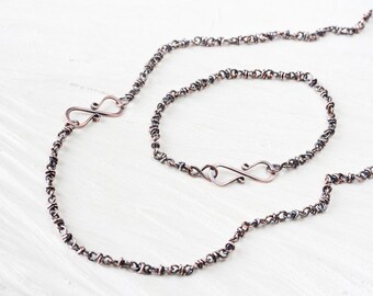 Copper Jewelry SET: Copper Chain Necklace and Bracelet, Handcrafted solid copper chain with infinity link clasp, unique jewelry gift set