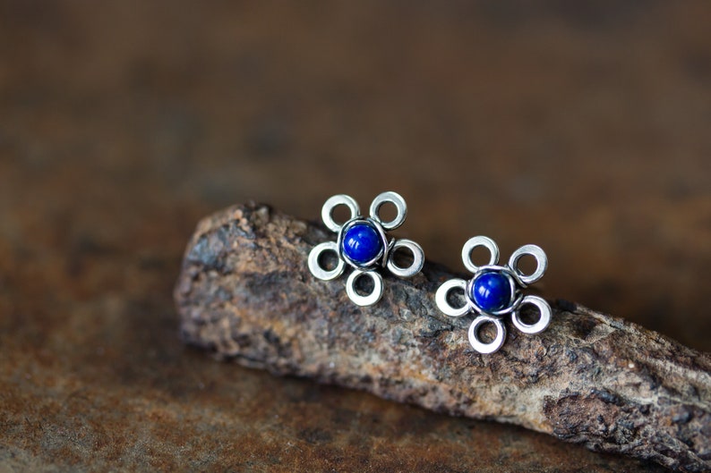 Natural Lapis Lazuli Stud Earrings, small silver flower earrings, tiny deep blue studs, mini stud earrings, artisan handcrafted jewelry image 1