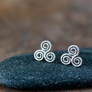 Small Celtic Triskele Earrings, 8mm Triple spiral, sterling silver Celtic earrings, ancient trinity symbol studs for man or woman image 7