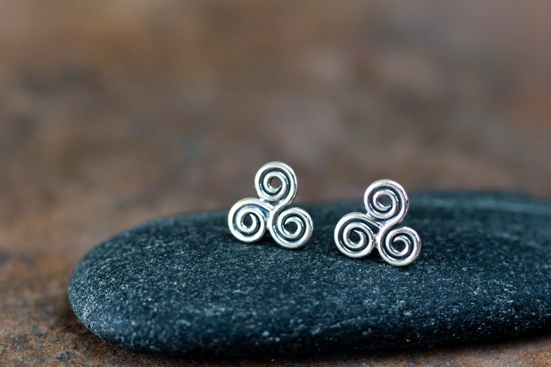 Small Celtic Triskele Earrings, 8mm Triple spiral, sterling silver Celtic earrings, ancient trinity symbol studs for man or woman image 7