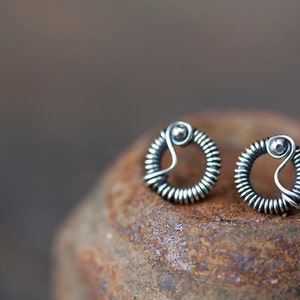 Unique stud earrings for man or woman, Tiny Wire Wrapped Silver Circle Earrings, Oxidized sterling silver studs, unisex silver earrings image 3