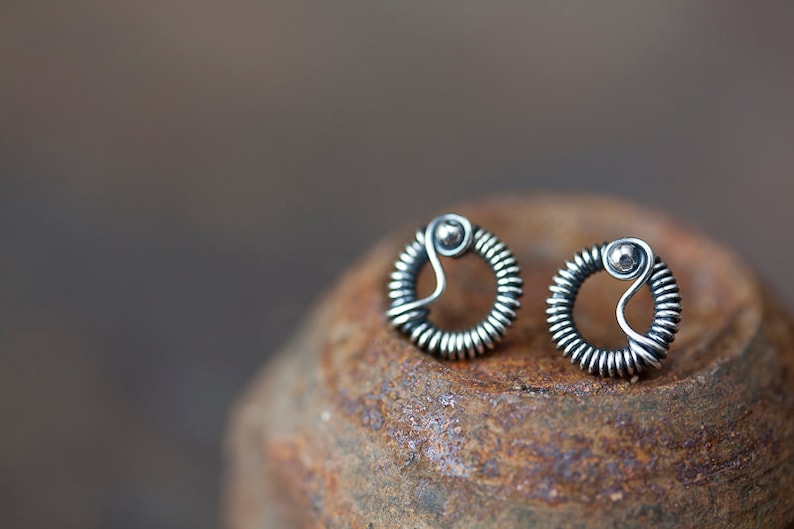 Unique stud earrings for man or woman, Tiny Wire Wrapped Silver Circle Earrings, Oxidized sterling silver studs, unisex silver earrings image 3