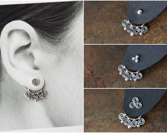 Celtic Style Silver Ear Jacket, 925 sterling silver, unique interchangeable mix and match stud earring enhancers, double sided earring
