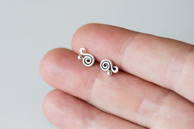 Dainty Spiral Paisley Stud Earrings, Miniature Swirl Ornament, elegant feminine sterling silver stud earrings for everyday image 7