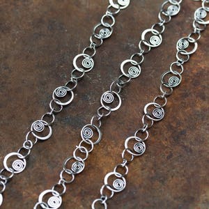 Unique Silver Links Chain Necklace, solid sterling silver necklace chain, Hammered spirals in circles, Artisan metalsmith jewelry, Statement image 3