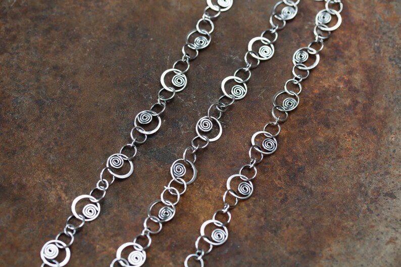 Unique Silver Links Chain Necklace, solid sterling silver necklace chain, Hammered spirals in circles, Artisan metalsmith jewelry, Statement image 3