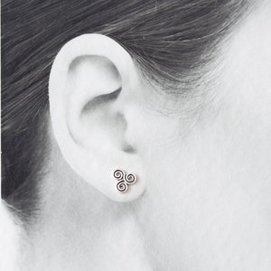 Small Celtic Triskele Earrings, 8mm Triple spiral, sterling silver Celtic earrings, ancient trinity symbol studs for man or woman image 2