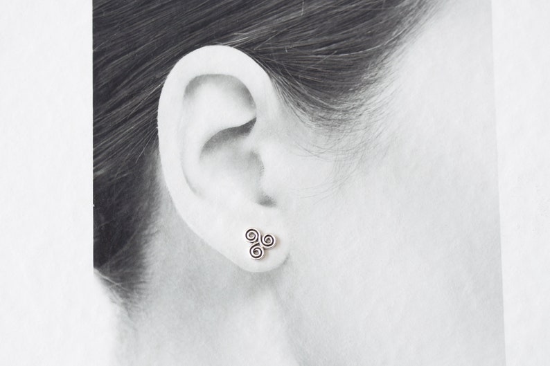 Small Celtic Triskele Earrings, 8mm Triple spiral, sterling silver Celtic earrings, ancient trinity symbol studs for man or woman image 2