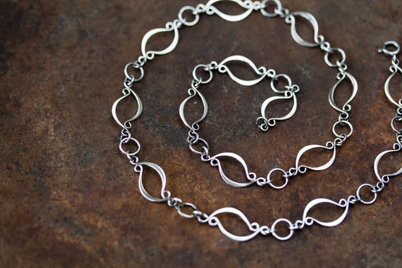 Elegant Sterling Silver Chain Necklace, unique artisan silver necklace, metalwork, marquise leaf shape silver links, 20 inch chain necklace