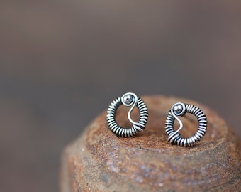 Unique stud earrings for man or woman, Tiny Wire Wrapped Silver Circle Earrings, Oxidized sterling silver studs, unisex silver earrings