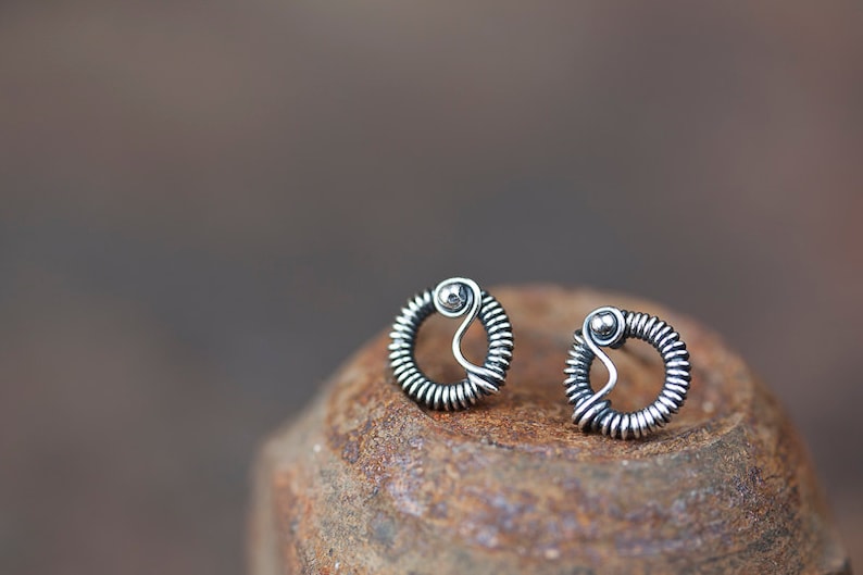 Unique stud earrings for man or woman, Tiny Wire Wrapped Silver Circle Earrings, Oxidized sterling silver studs, unisex silver earrings image 1