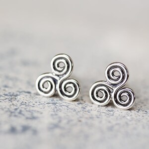 Small Celtic Triskele Earrings, 8mm Triple spiral, sterling silver Celtic earrings, ancient trinity symbol studs for man or woman image 4