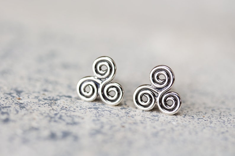 Small Celtic Triskele Earrings, 8mm Triple spiral, sterling silver Celtic earrings, ancient trinity symbol studs for man or woman image 4