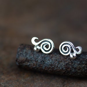 Dainty Spiral Paisley Stud Earrings, Miniature Swirl Ornament, elegant feminine sterling silver stud earrings for everyday image 2