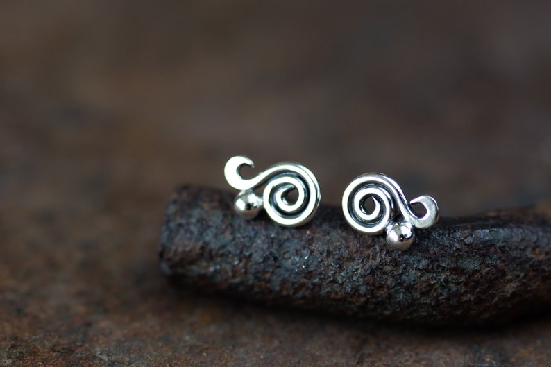 Dainty Spiral Paisley Stud Earrings, Miniature Swirl Ornament, elegant feminine sterling silver stud earrings for everyday image 2