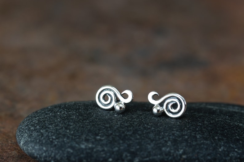 Dainty Spiral Paisley Stud Earrings, Miniature Swirl Ornament, elegant feminine sterling silver stud earrings for everyday image 6