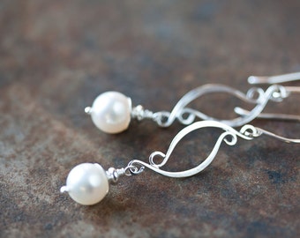 Elegant Long Pearl Earrings, Artisan handcrafted sterling silver dangle earrings, natural white pearl earrings, 925 sterling silver earrings