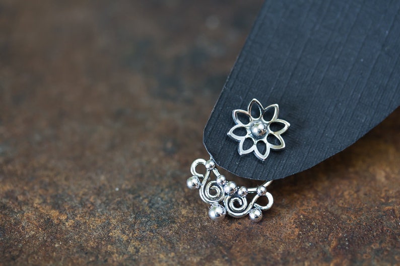 Interchangeable silver ear jacket earrings, artisan handmade sterling silver front and back earring, mix and match stud earrings jackets+lotus flower