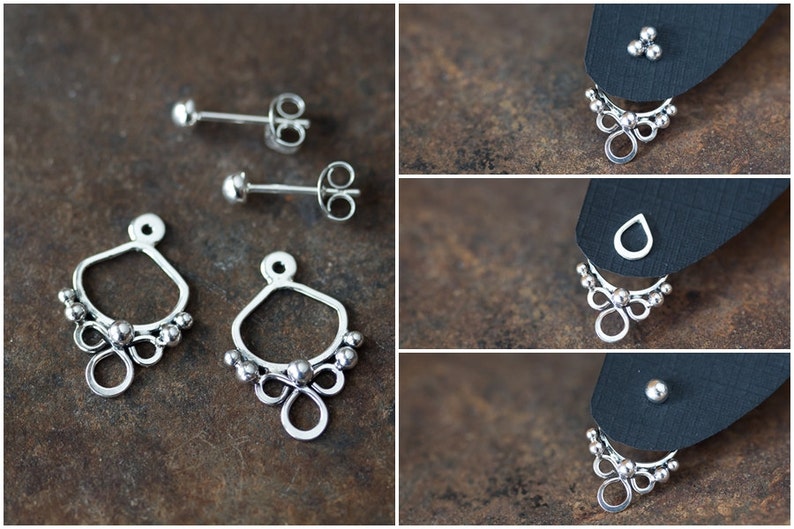Handmade silver ear jacket earring enhancers, abstract front and back earring, mix and match interchangeable earring set image 1