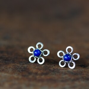 Natural Lapis Lazuli Stud Earrings, small silver flower earrings, tiny deep blue studs, mini stud earrings, artisan handcrafted jewelry image 2