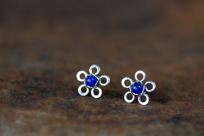 Natural Lapis Lazuli Stud Earrings, small silver flower earrings, tiny deep blue studs, mini stud earrings, artisan handcrafted jewelry image 2