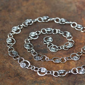 Unique Silver Links Chain Necklace, solid sterling silver necklace chain, Hammered spirals in circles, Artisan metalsmith jewelry, Statement image 7