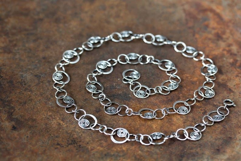 Unique Silver Links Chain Necklace, solid sterling silver necklace chain, Hammered spirals in circles, Artisan metalsmith jewelry, Statement image 7