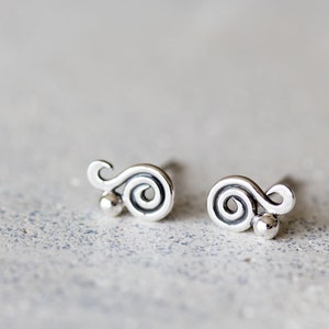 Dainty Spiral Paisley Stud Earrings, Miniature Swirl Ornament, elegant feminine sterling silver stud earrings for everyday image 5