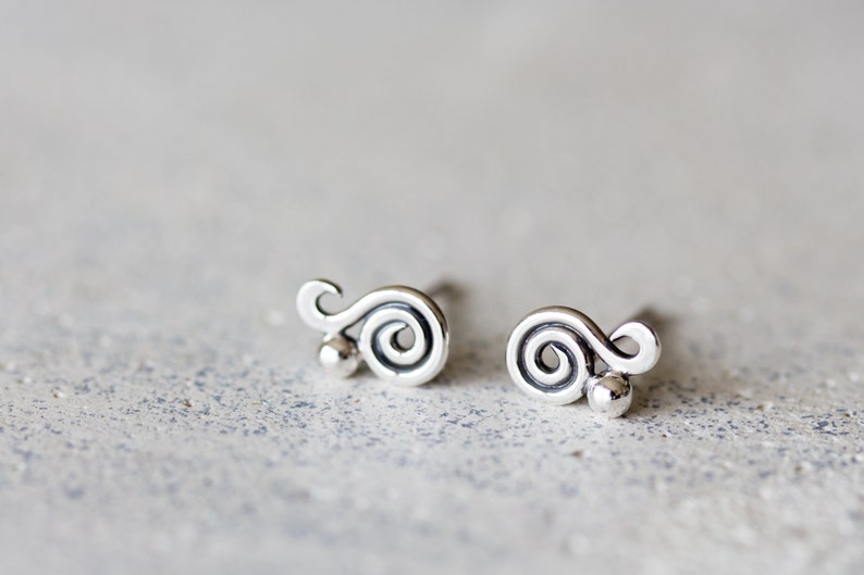 Dainty Spiral Paisley Stud Earrings, Miniature Swirl Ornament, elegant feminine sterling silver stud earrings for everyday image 5